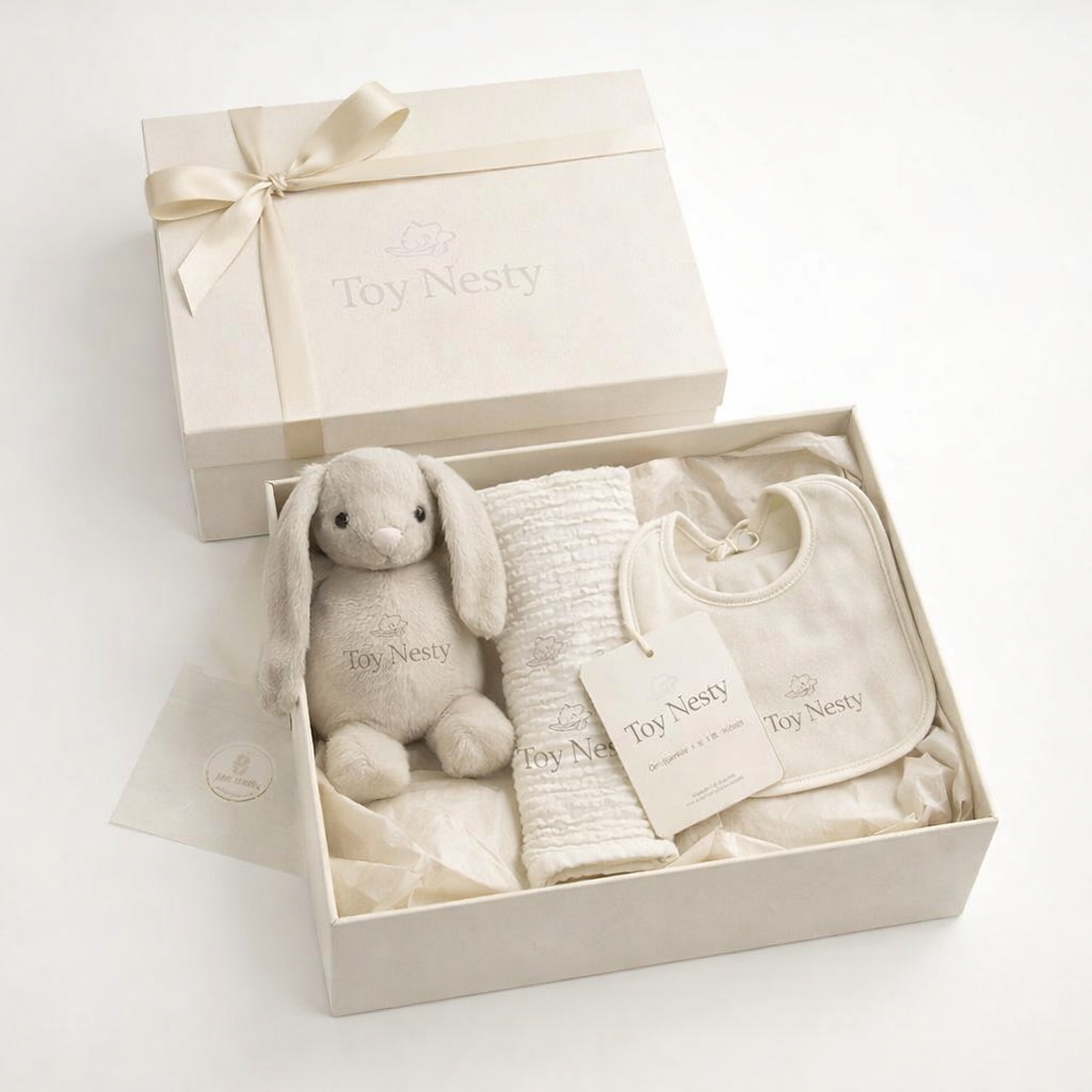 Toy Nesty® Baby Gift Box with Bunny, Bib & Muslin Cloth